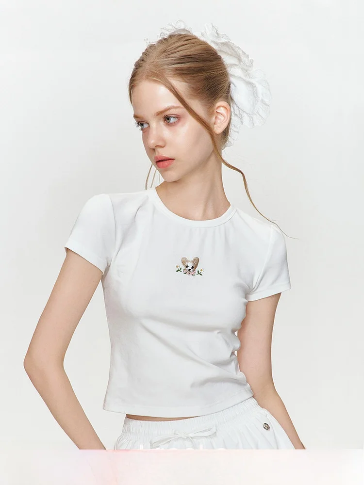 

Kroche Wang Chu Rans Футболка с вышивкой собаки ort Sve Slim Fit Creative Commute Sle круглый летний топ из тонкой ткани