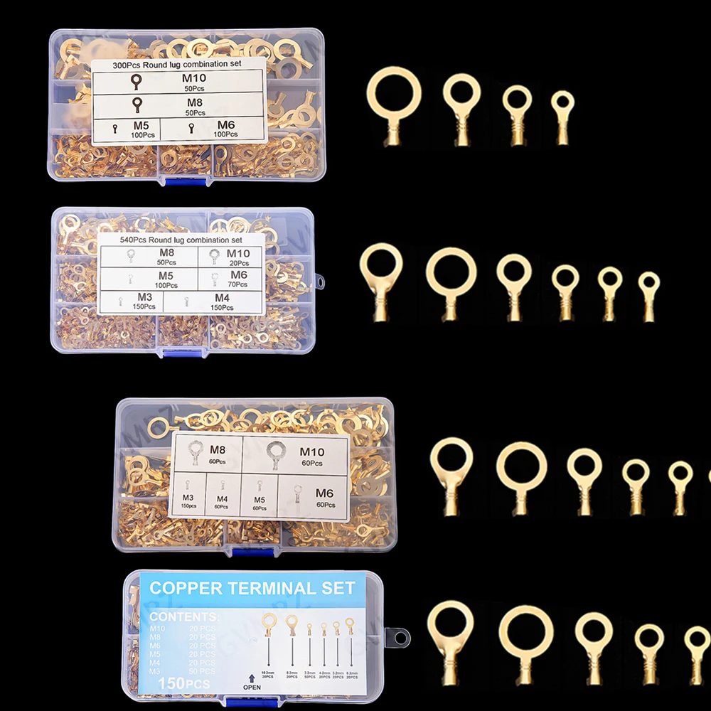 150~540PCS M3/M4/M5 Ring Lugs Eyes Copper Crimp Terminals Cable lug Wire Connection Non Insulated Assortment Kit M6/M8/M10
