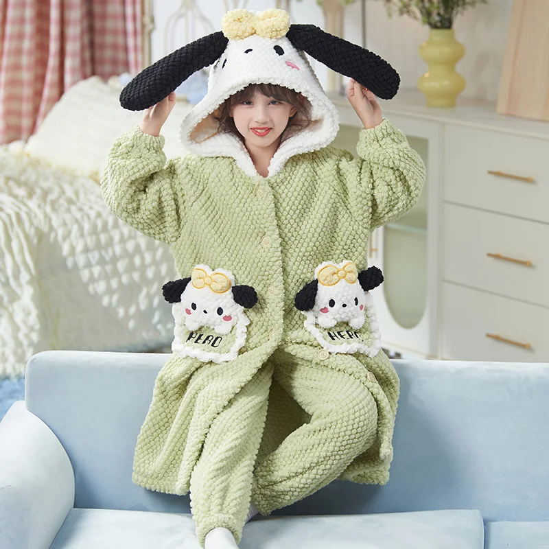 Pompom Purins Kuromi Cinnamoroll Kawaii Anime Parent-Child Plush Pajamas Robe Sanrio Girl Winter Cartoon Warm Thicken Home Wear