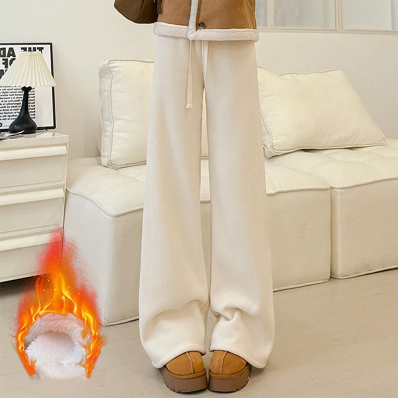2025 الشتاء رشاقته الصوف السراويل النساء عادية مرونة عالية الخصر واسعة الساق السراويل امرأة الصلبة مستقيم الدافئة أفخم السراويل الإناث