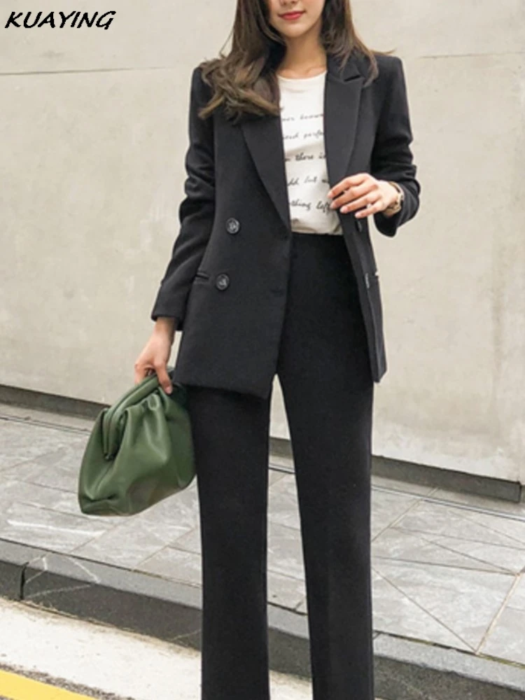 Casual Vintage Formal Pantsuit Double Breasted Blaser Jackets Solid Elegant Pantalons 2 Piece Female Business Trousers Outfits