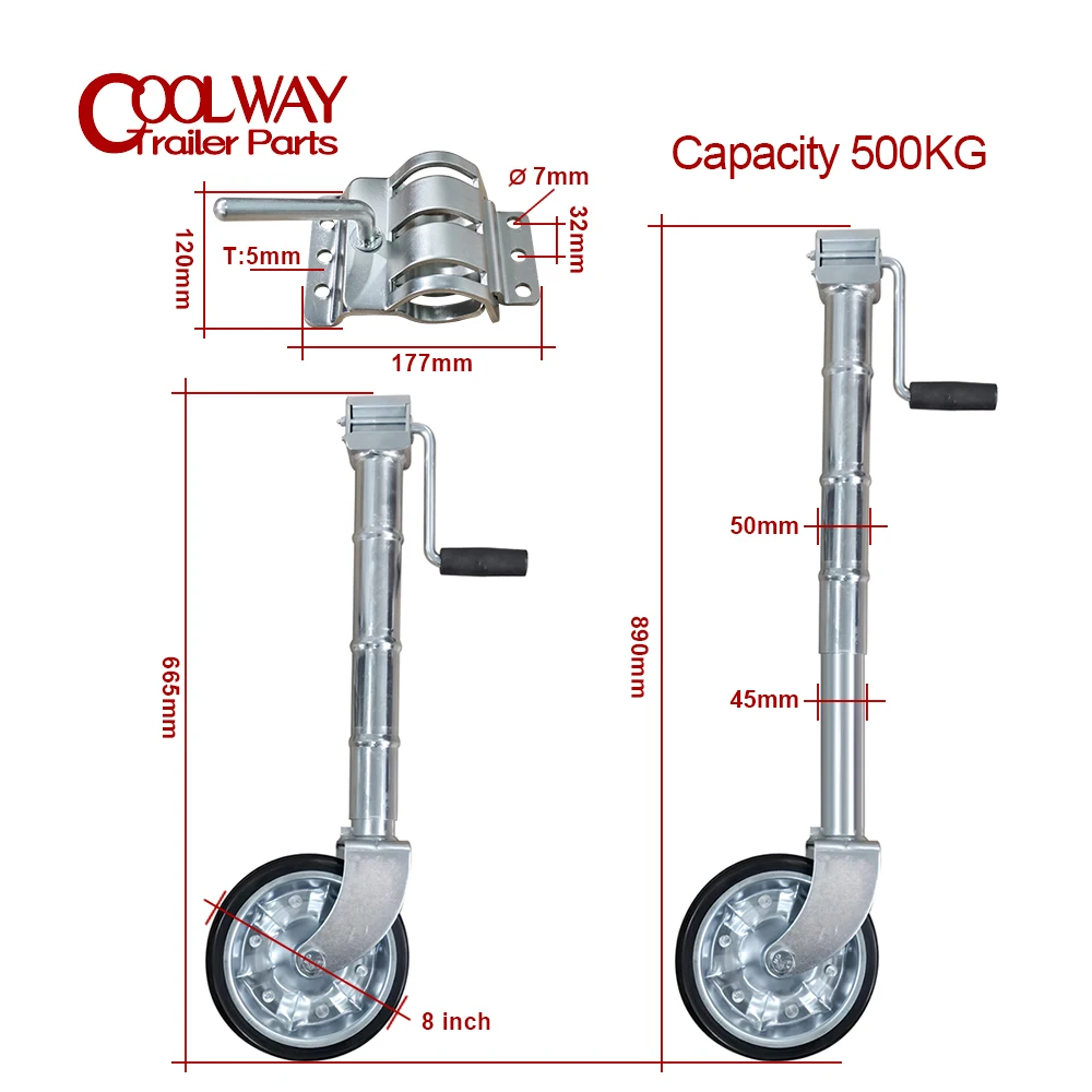 Heavy Duty Side Wind Trailer Jack Jockey Wheel RV Stand With Clamp 50MM Tube CAP 500KG Caravan Accessories Camper Parts