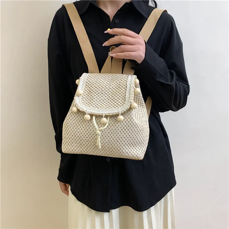 

Women Bohemian Weaving Backpack with Drawstring Summer Beach Backpack Simple Travel Backpack Girls Vacation Backpack