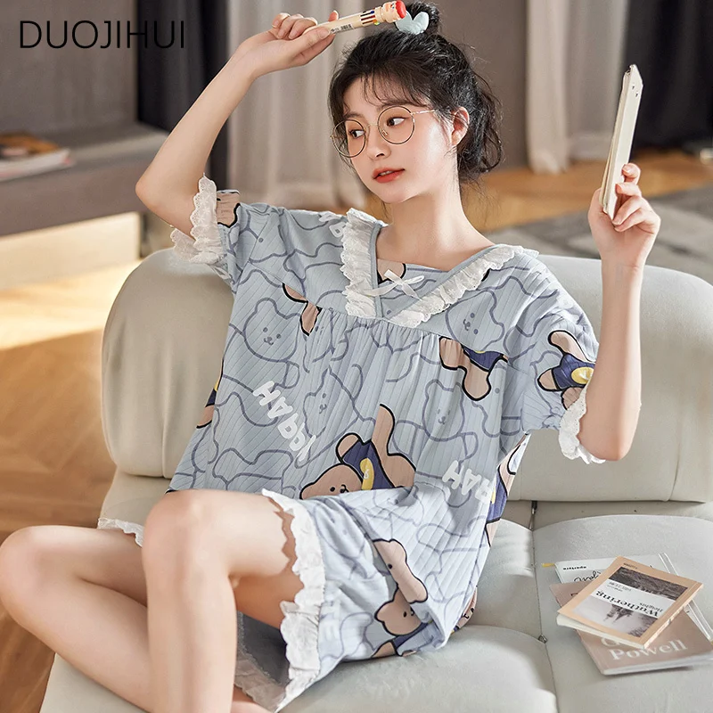 DUOJIHUI Two Piece Simple Print Casual Home Pajamas for Women Chicly Lace Pullover Basic Pant Fashion Loose Female Pajamas Sets