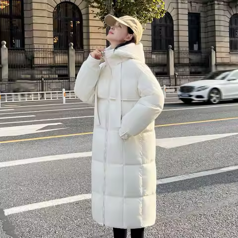 Long Puffer Jacket for Women Winter Warm Hooded Coat with Zip Thickened Long Sleeve Down Coat with Pockets