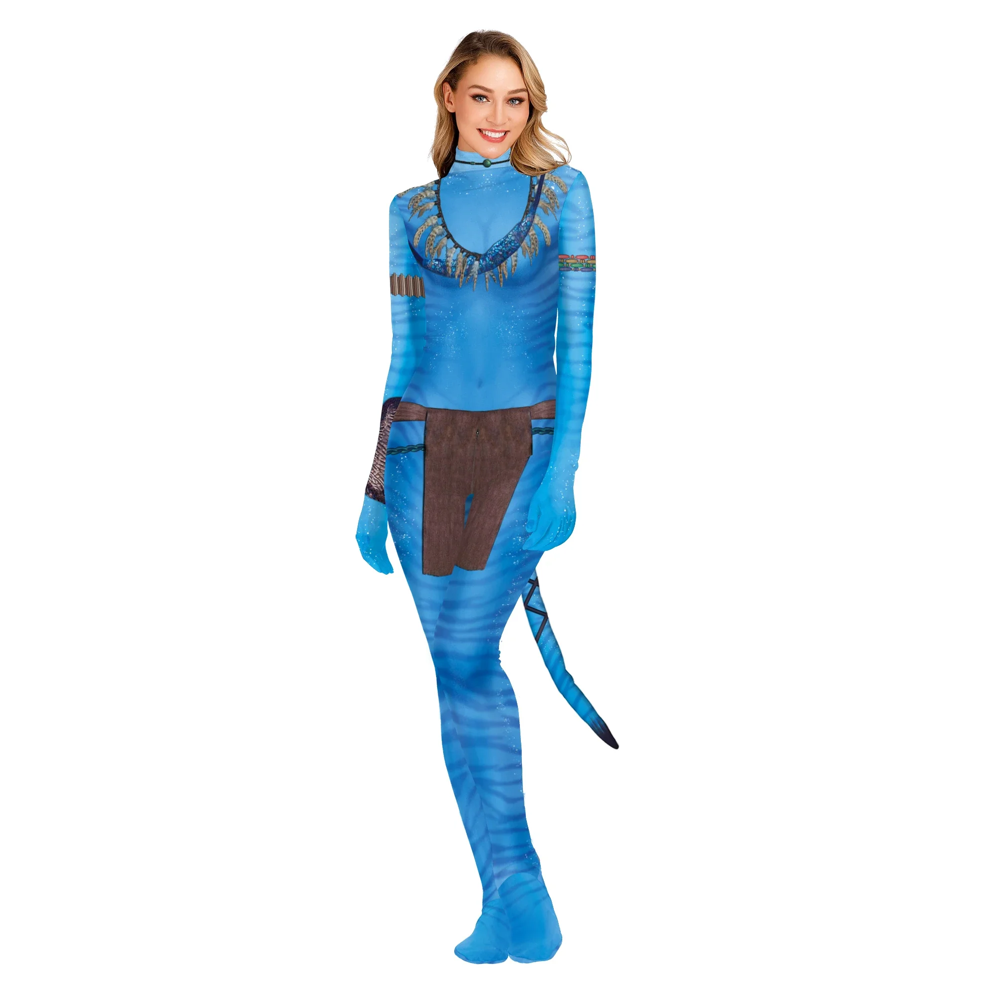 Cosplay Hot Film Anime Print with Tail Costume Zip Jumpsuit Animal Catsuit Halloween Carnival Zentai Bodysuit Catsuit