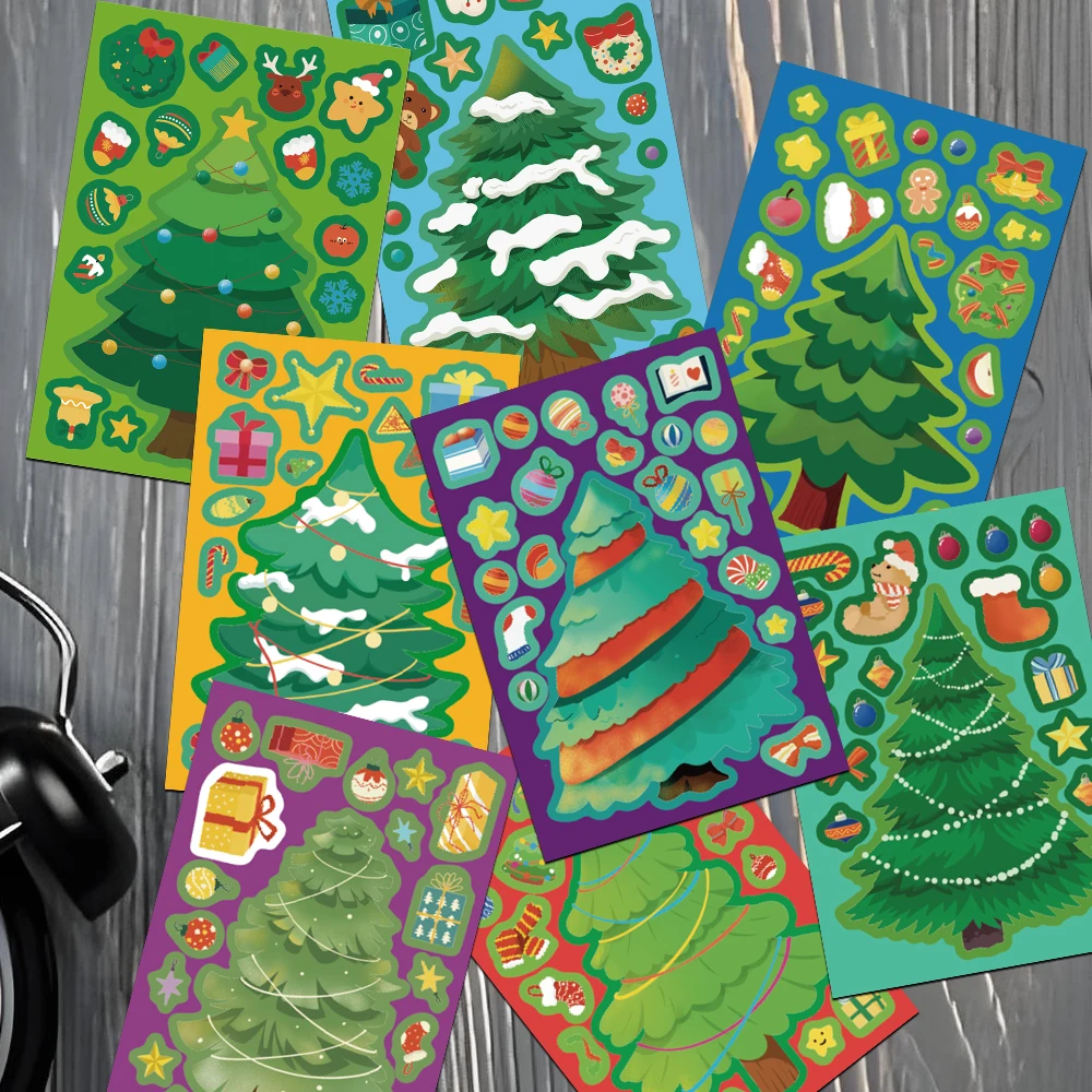 8 pçs dos desenhos animados árvore de natal montagem adesivos decoração arco presentes cinco pontas estrela bola bonecas festival de natal presente adesivo