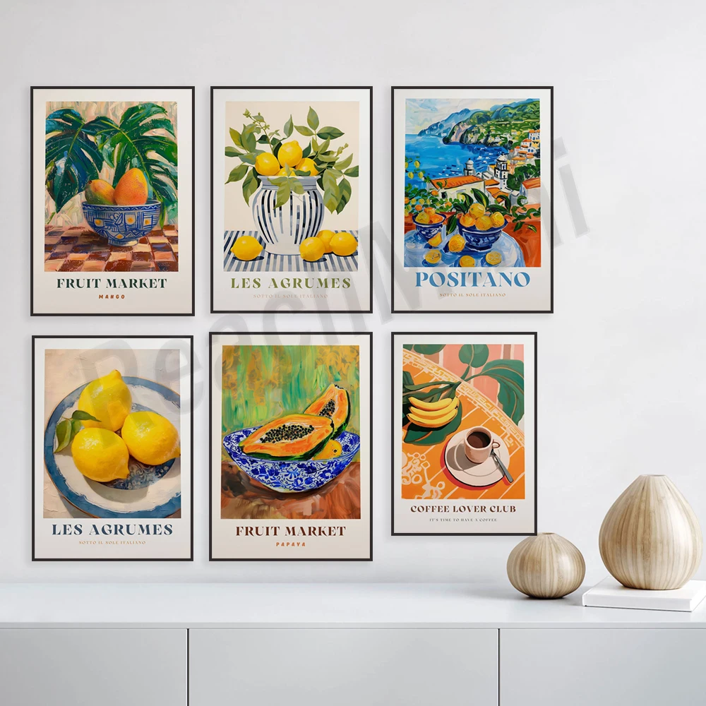 Fruit market papaya, mango, italian lemon, positano print, amalfi coast, coffee lovers club poster, food art kitchen poster