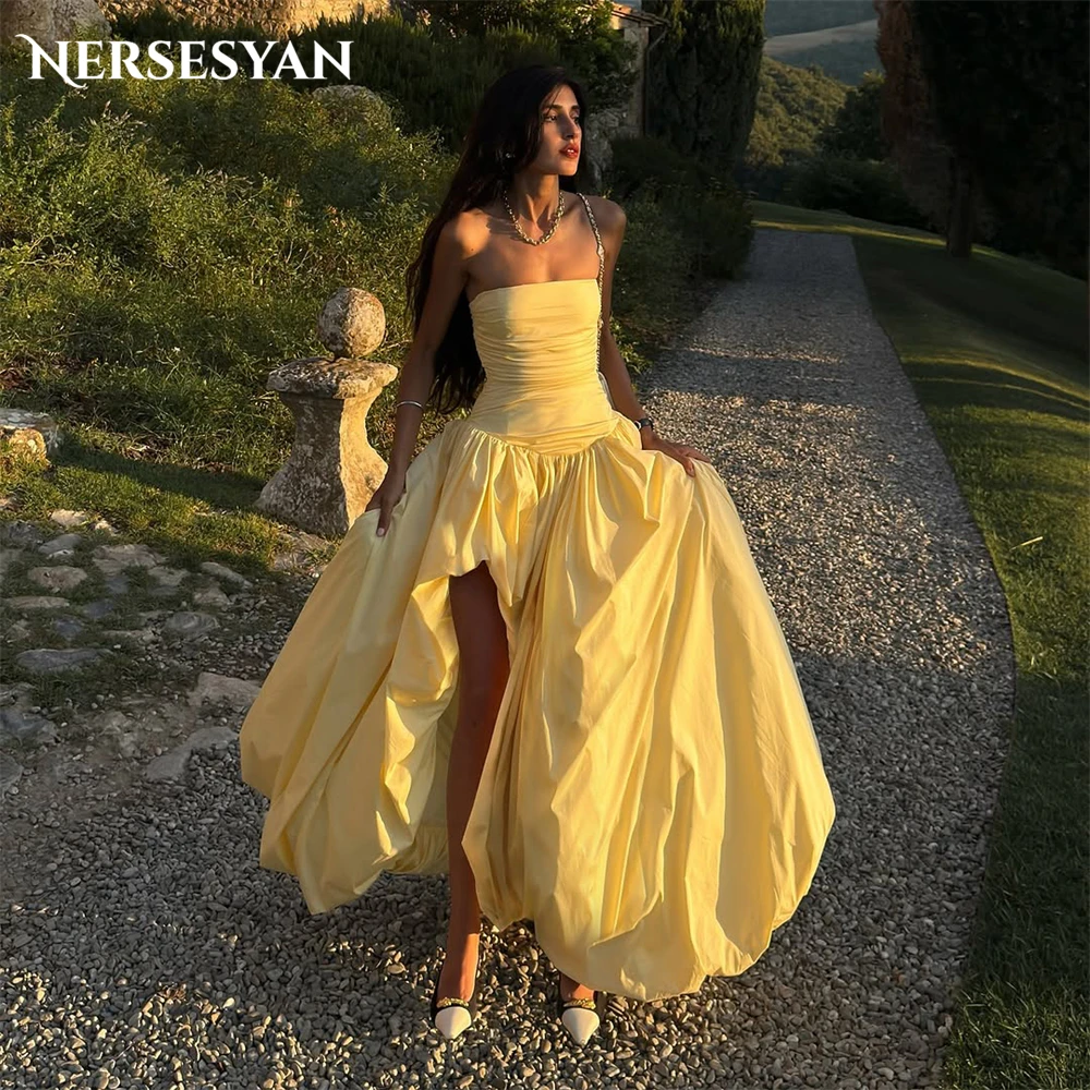 

Nersesyan Yellow Satin Elegant Prom Dresses Off Shoulder Puffy Side Slit Ball Gowns A Line Birthday Party Dress 2025 Customized