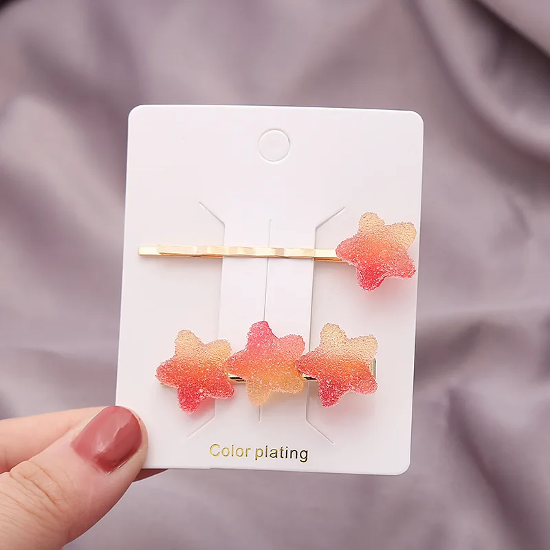 2PCS Set Japanese Rainbow Soft Jelly Gradient Color Heart Star Hairpin Girl  Cute Sweet Simple Translucent Hair Clips Fashion