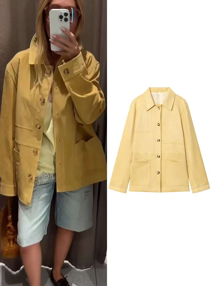 TFMLN Cappotto vintage in pelle scamosciata tinta unita da donna casual Risvolto alla moda Giacca ampia con tasca monopetto Capispalla per pendolarismo femminile