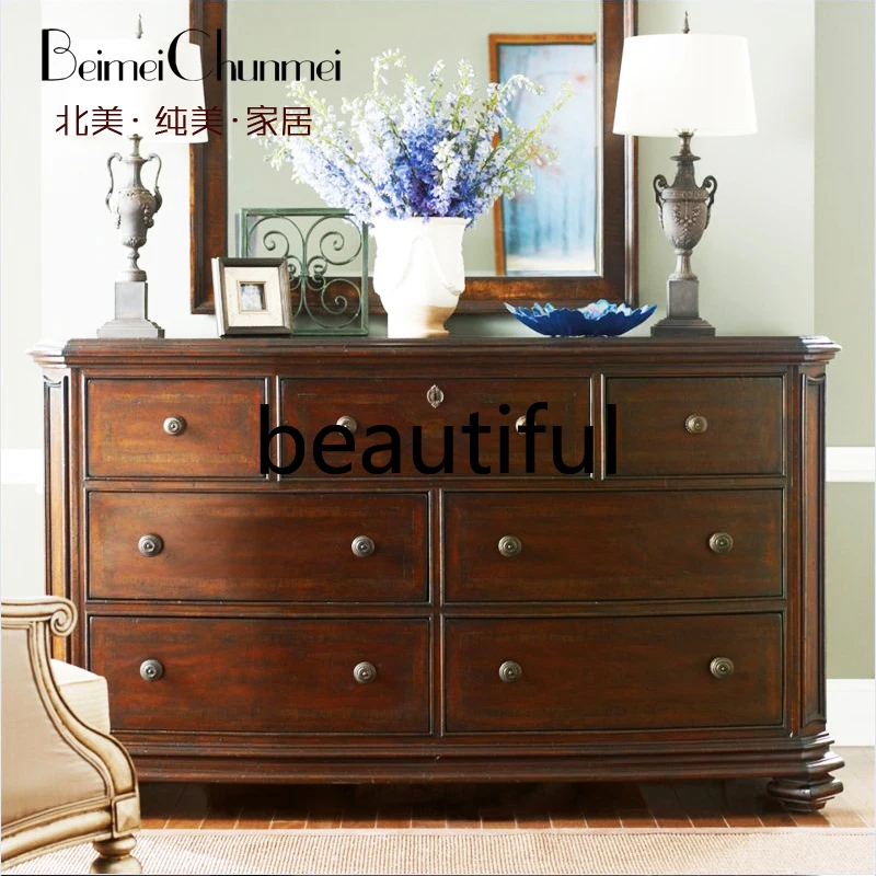 

American country solid wood chest, bedroom storage locker, living room against the wall retro old drawer side cabinet