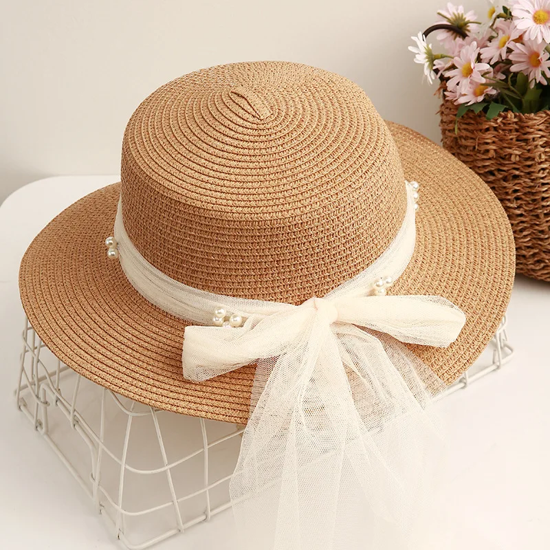 Flat Top Small Brim Straw Hat Female Summer Sun-proof Straw Woven Summer Hat Internet Popular Summer Fashion British Top Hat