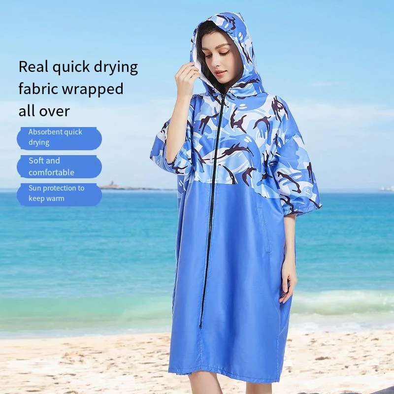 New Women's Beach Cardigan Bathrobe Fashion Hooded Swimming Towel with Pockets Surfing Dive Changing Robe Microfiber Bath Cloak