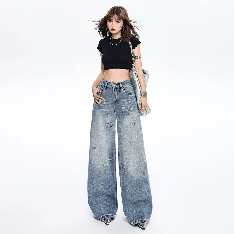 

American high street heavy-duty loose jeans for women, new vintage slimming straight wide-leg floor-length pants for women