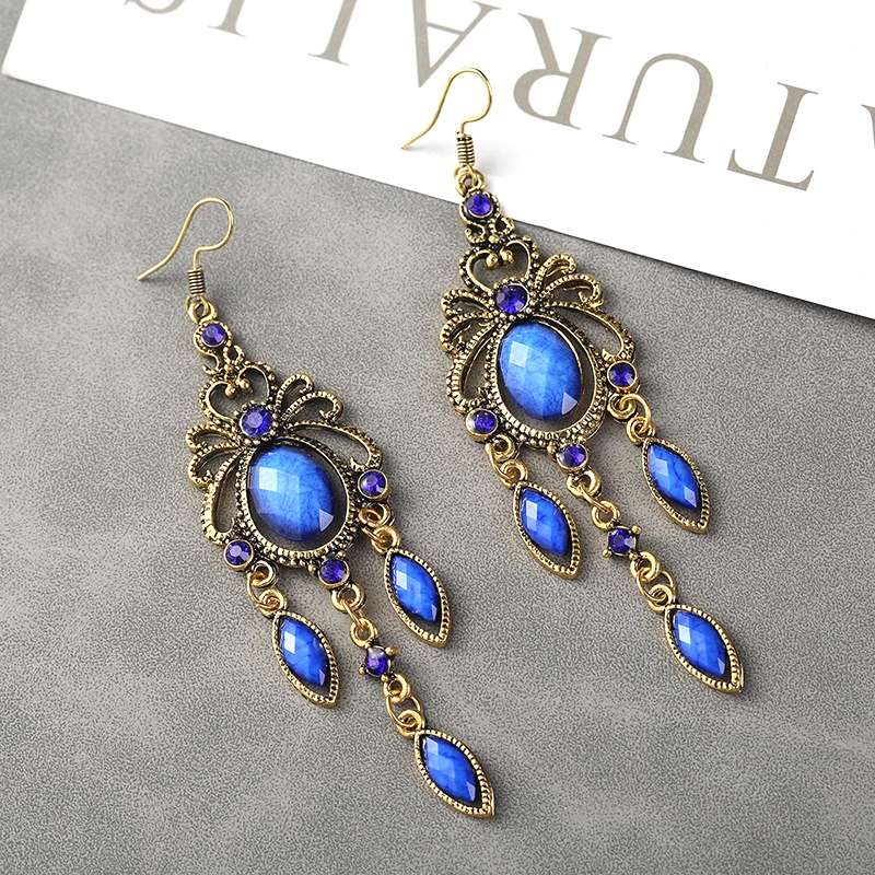 Royal Blue Ethnic Vintage Dangle Earrings for Women Elegance Tassel Water Drop Design Earring Wedding Festival Jewelry