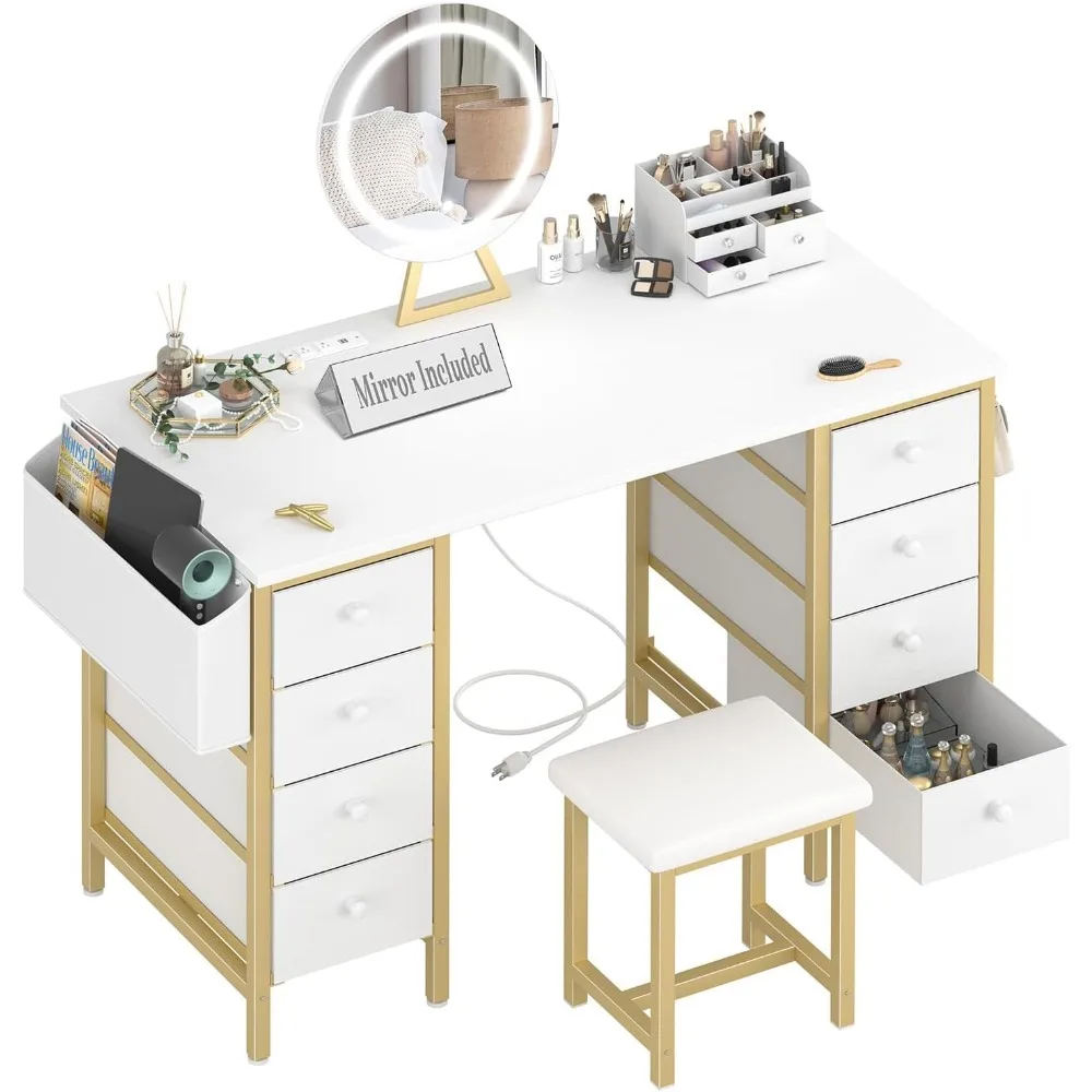 

Large Vanity Desk with Mirror and Light- Makeup Vanity Set Table with Chair, Storage, Lighted Mirror, 8 Fabric Drawers