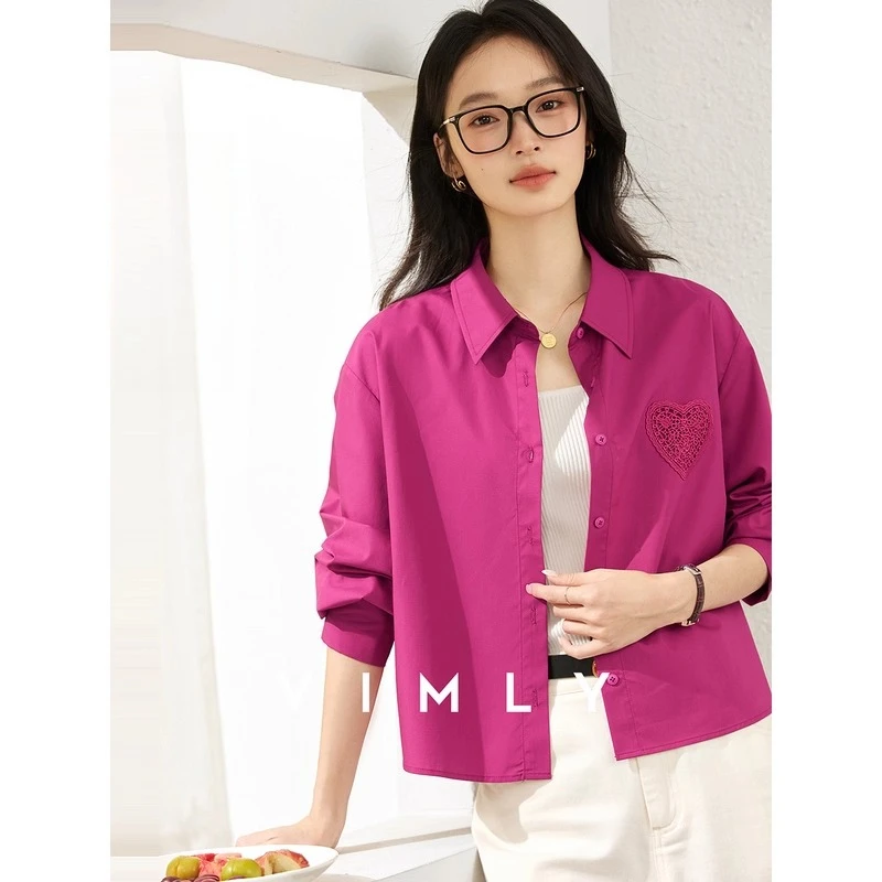

VIMLY Red Short Shirt Woman Autumn 2025 New French Long Sleeve Lace Heart-patterned Loose Blouses Turn-down Ladies Shirts A2053