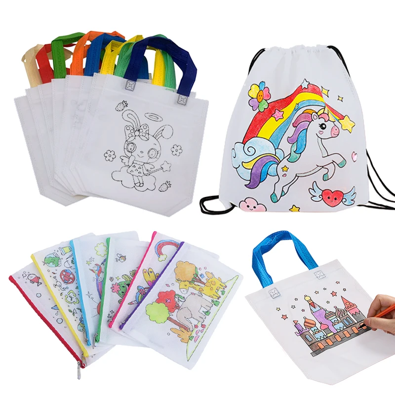 DIY Coloring Goodie Bags with Coloring Markers Party Gift Bags for Kids Toy Storage Bag Eco Non-Woven Fabric Drawstring Bags