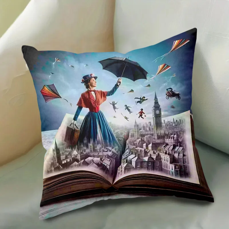 1pc Whimsical Surreal Magic Book Mary Poppins London Sky Art Throw Pillow Cover 2D Double-Side Print Polyester Cushion Case for