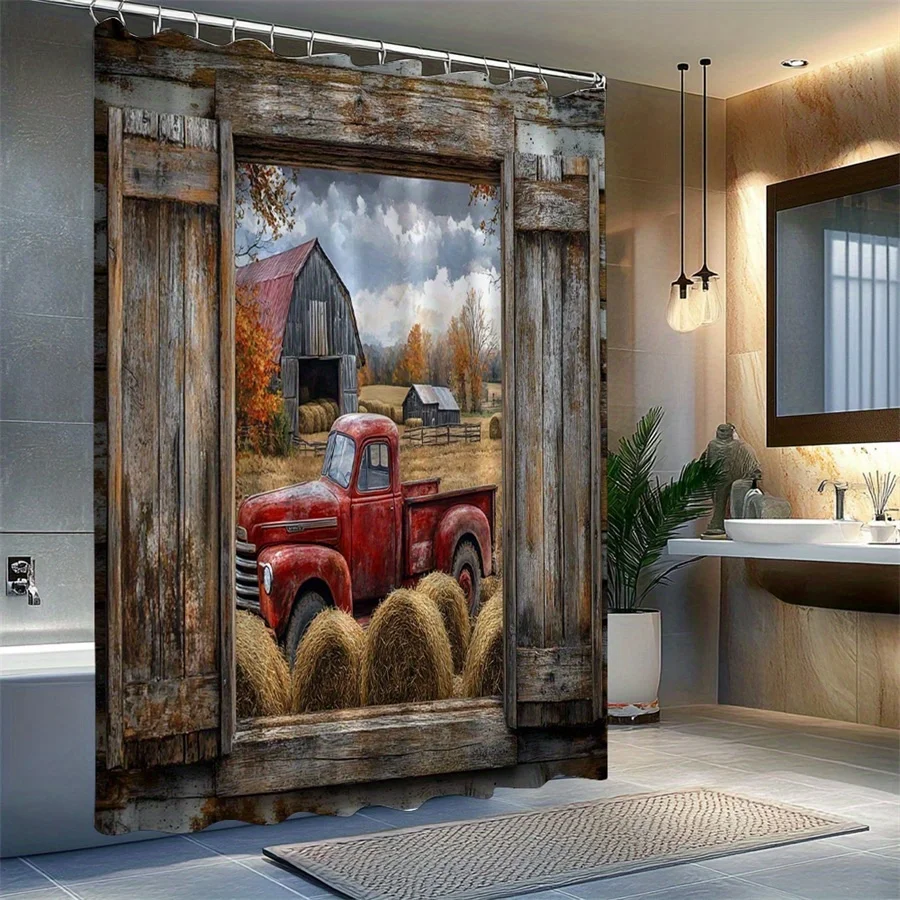 1pc Rustic Farm Bath Curtain - Vintage Red Pickup Truck & Barn with Autumn Leaves, Dramatic Fall Farm Scene, Cozy Tactile Design