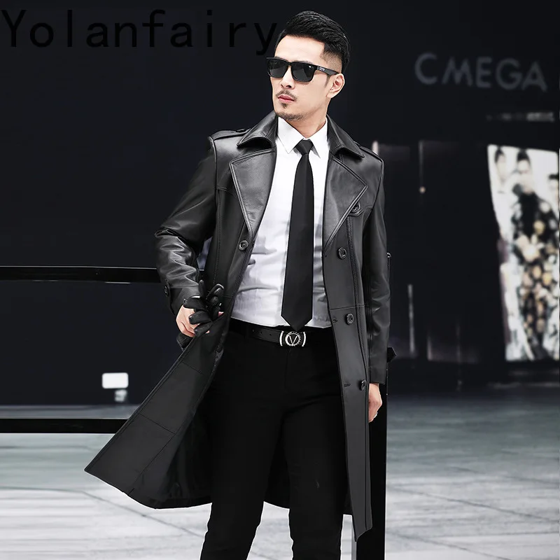 YOLANFAIRY Genuine Leather Cowhide Mens Jacket Autumn Fashion Long Coat Men Belt Trench Slim Fit Coats Black Gabardina Hombre