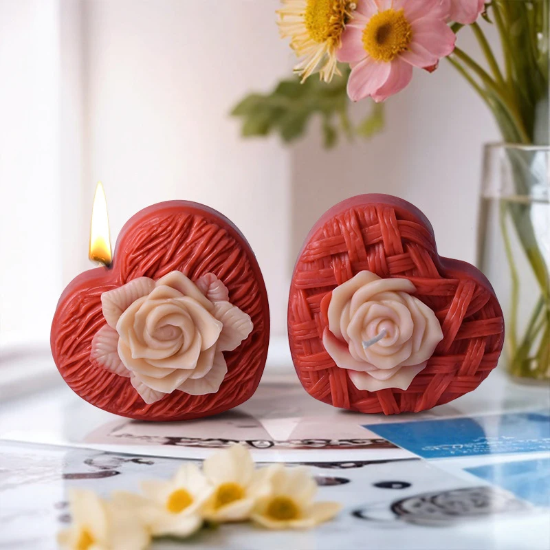 Moule à bougie d'aromathérapie en forme de coeur rose tissé en 3D, moule en silicone créatif, jour de Léon bricolage, nouvelles idées