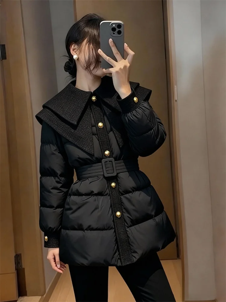 

Sli Thiened Cotton Jaet Women's Faionable Notch Collar Slim Fit Bla Cotton Coat Long Sve Winter Outerwear