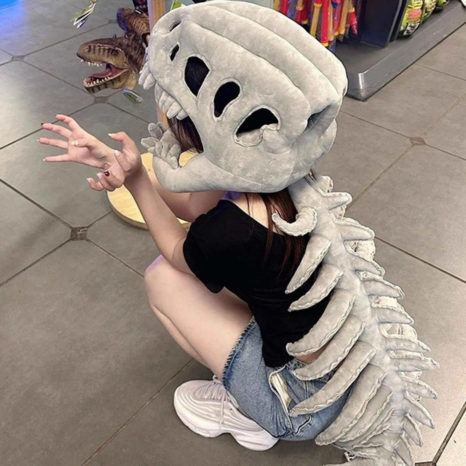 Dinosaur Skeleton Costume Plush Animal Toy Halloween Skeleton Outfit Kids Adults Stage Performance Haunted House Cosplay Prop view 3