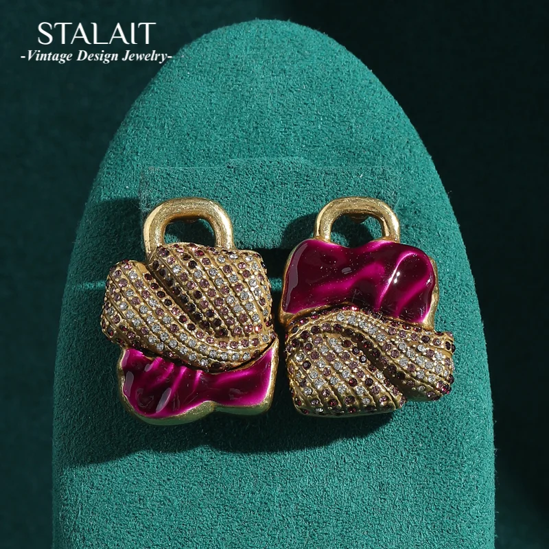 

Studs Earrings For Woman Purple Handbag With Asymmetrical Rhinestones Inlay Luxury Quality Jewelry Gold Color Vintage 2025 New