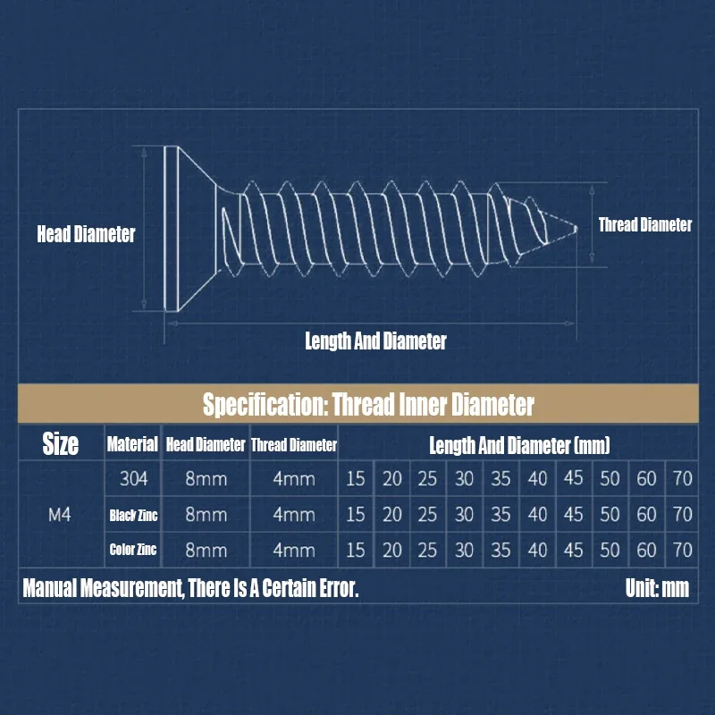 M4 Cross Countersunk Head Fast Self Tapping Wood Screw Black/Color Zinc Flat Head Phillips Tip Drywall Screw Fiber Nail