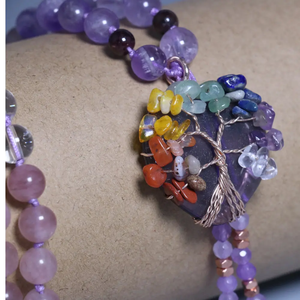 Natural Amethyst Strawberry Quartz Mala Bead Necklace Tree of Life Wrapped Heart Pendant Tassel Sweater Chain Best Seller