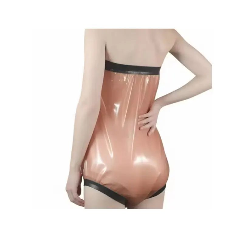 CocoLove Handmade Rubber Shorts Underwear Briefs Transparent Pink With Black High Waist Cut Leg Latex Bodysuits Loosely Bottoms - view 3
