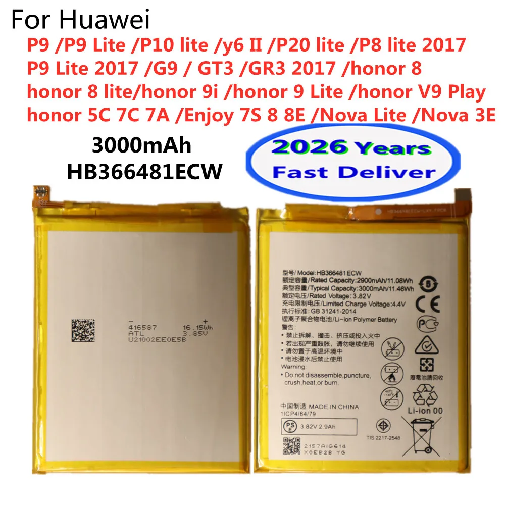 Batería de teléfono de 3000mAh HB366481ECW para Huawei P10 P20 P8 P9 Lite y6 II G9 GT3 GR3 para Honor 9 lite 9i 8 7A 7C 5C Enjoy 8 8E 7S