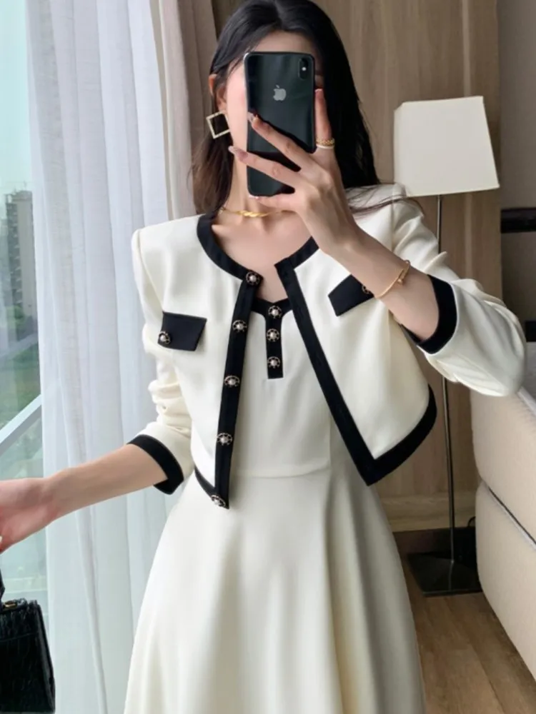 Elegant 2-Piece Dress Set for Lady Short Coat A-Line Midi Camisole Dresses Slim Korean Fashion Female Suit Spring Autumn New