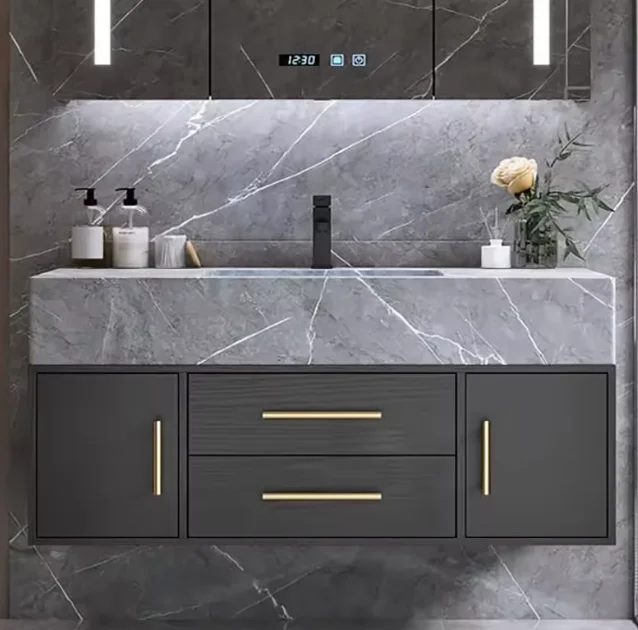 

Luxury Gray Style Home-Use Single Sink Bathroom Vanities Luxury Marble Top Floating Bathroom Vanities on Sale