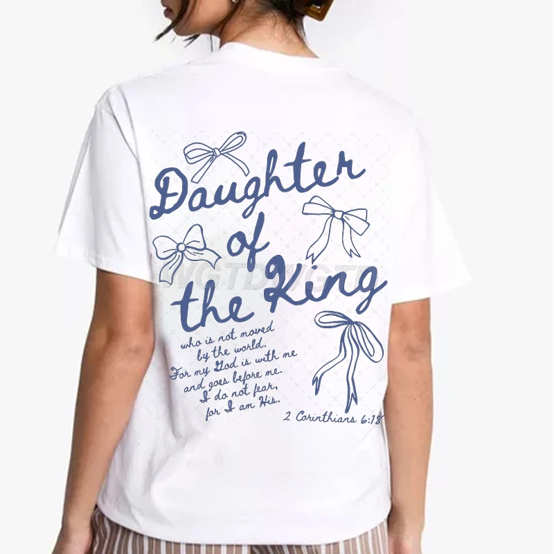 Christian Faith "Daughter of The King" Vintage Coquette Bow Print Tees Women Men Short Sleeve Bible Verses Jesus Tops Tshirt