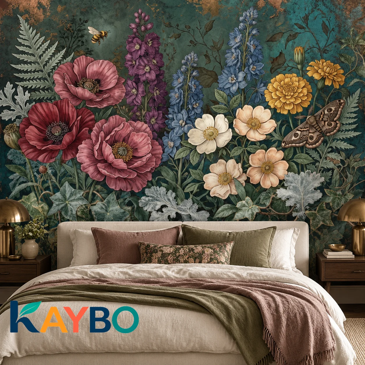 Floral Wallpaper Mural Vintage Botanical Flowers Butterfly Wall Decor for Living Room Bedroom Home Non Self Adhesive Farmhouse