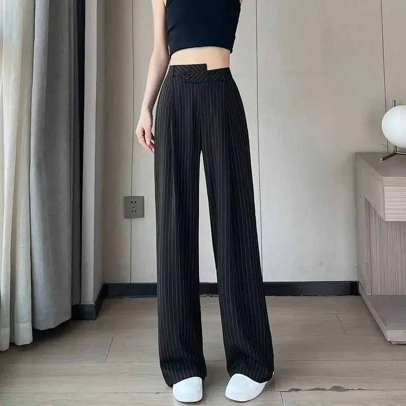 Women's Pinstripe Wide Leg Pants High Waist Asymmetrical Button Office Trousers