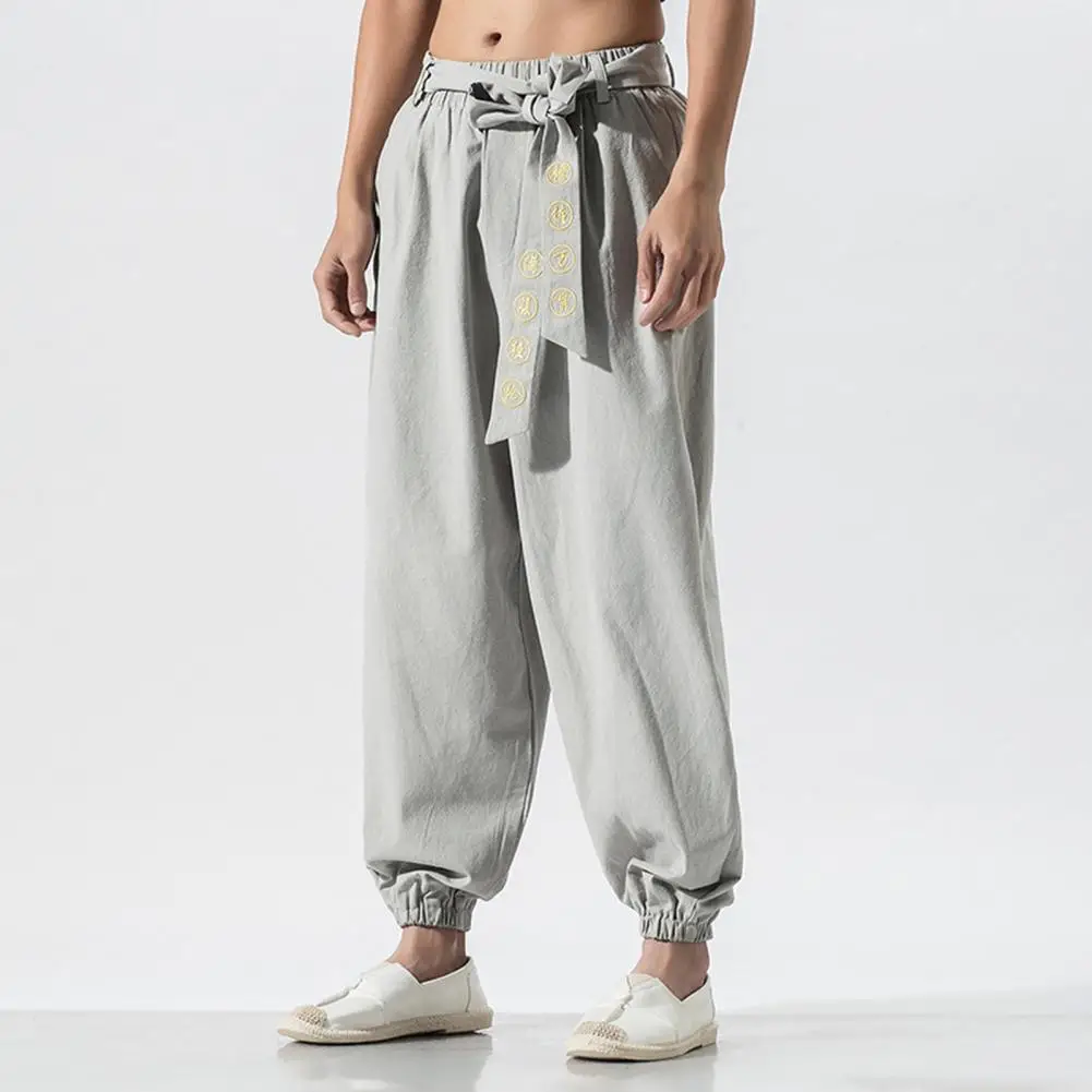 

Elastic Waistband Pants Retro Chinese Style Men's Harem Pants with Embroidery Elastic Waist Loose Pleated Ankle-banded for A