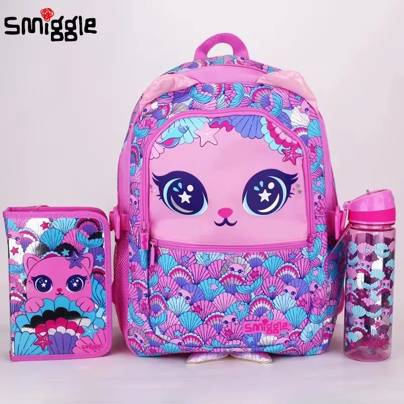 

Австралийская оригинальная детская школьная сумка Smiggle, рюкзак для девочек, розово-красная ракушка, кошка, кавайные канцелярские принадлежности для обучения, 16 дюймов