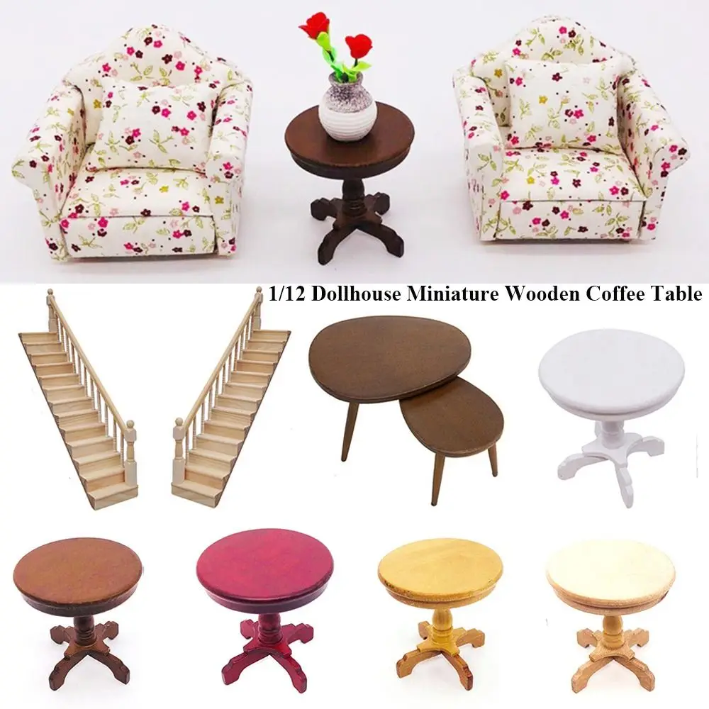 1/12 Mini Dollhouse Wooden Desk Coffee Table Chairs Simulation Furniture Handrail Staircase Model Toy for Doll House Accessories