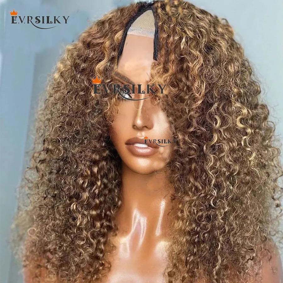 

Highlights Honey Blonde V Part 100% Human Hair Wigs Ombre Brown Bouncy Curly Middle Open Wig Peruvian Kinky Curl Full U Shape