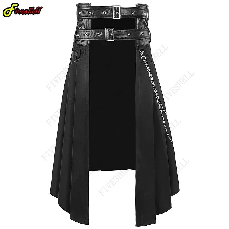 Adult  Men's Gothic Punk Pleated Skirt Open Front Leather Belt Medieval Roman Warrior Kilt Metal Chian Harujuku Stylish Clothing