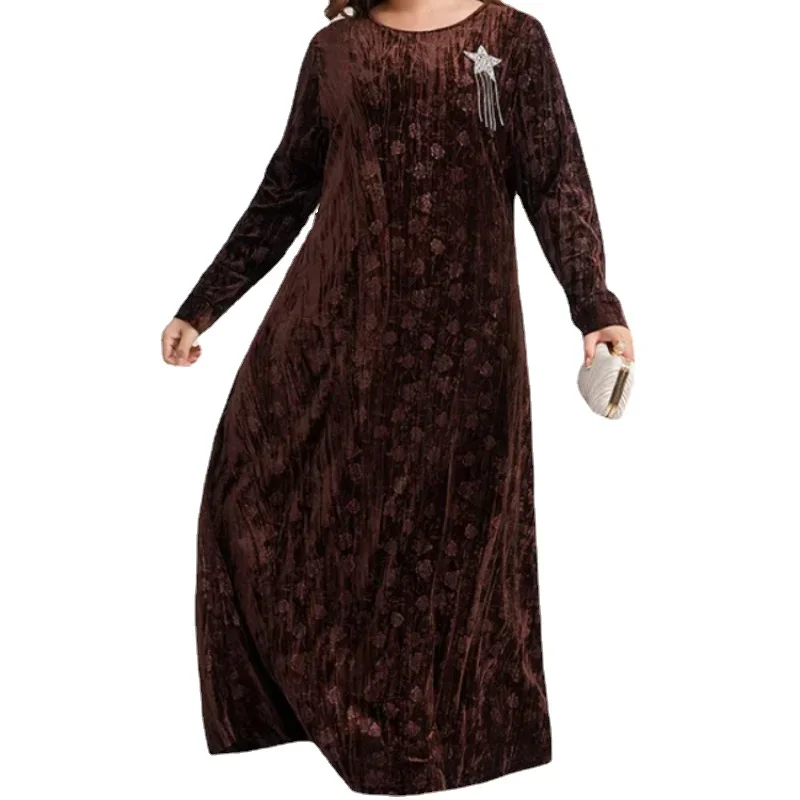 

2024 Abayas for Women Dubai Fashion Muslim Women Long Sleeve O-neck Velvet Plus Size Long Maxi Dress Muslim Fashion Abaya