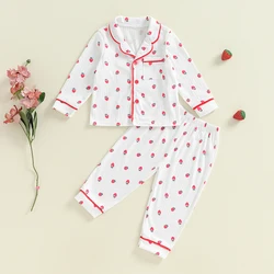 Kids Girls Autumn Pajama Sets Long Sleeve Lapel Strawberry Print Shirt Pants 2 Pieces Loose Sleepwear Nightgown