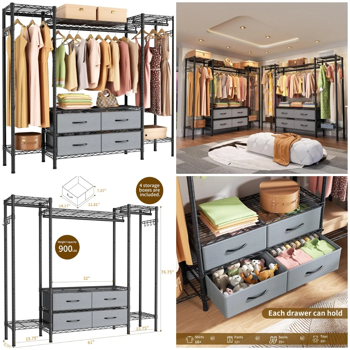 

Heavy Duty Garment Rack with 8 Shelves, 3 Rods, 4 Drawers, 2 Hooks, Portable Metal Closet Storage, 900lbs Max Load