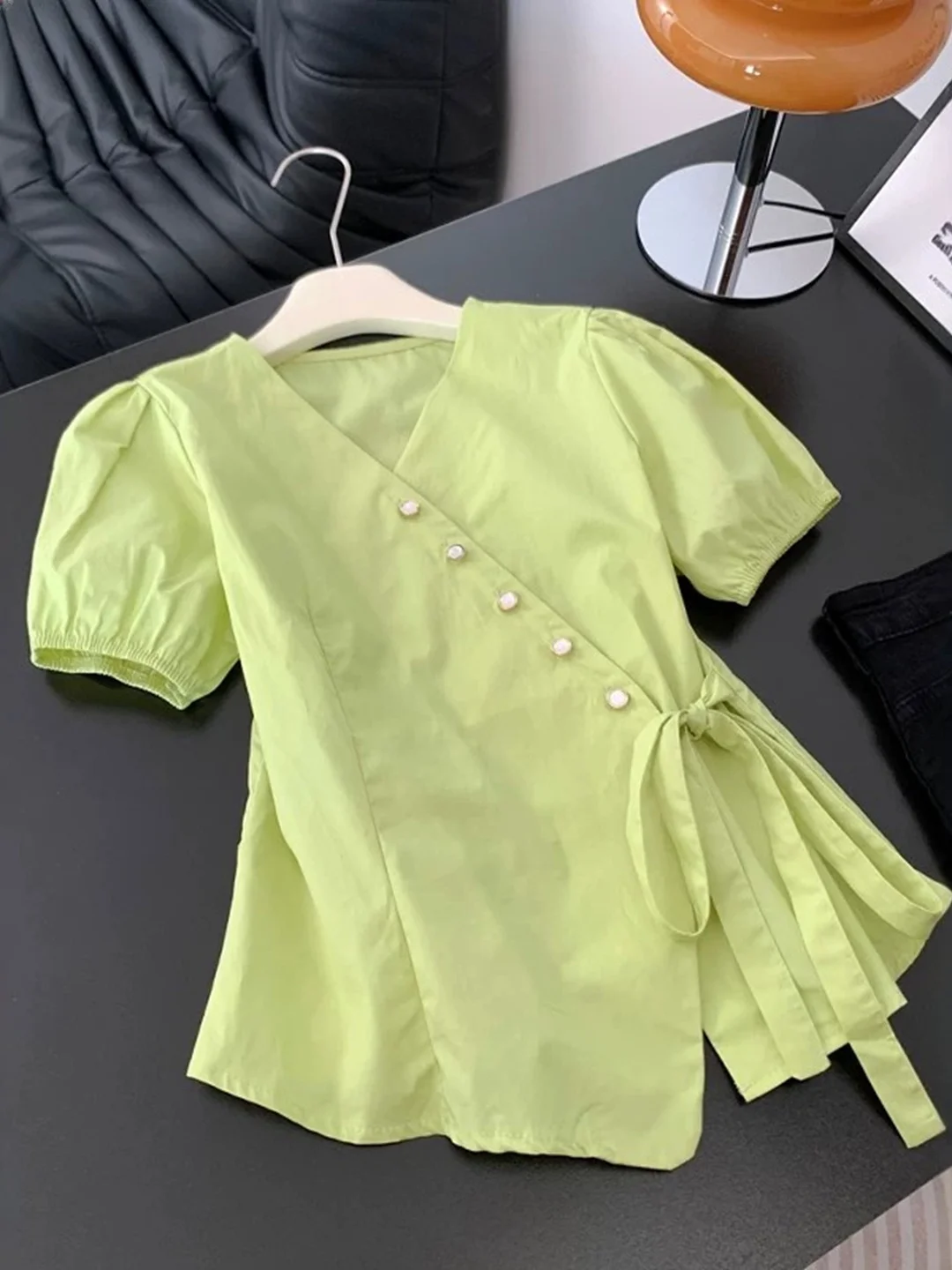 

Elegant V-neck Cotton Shirt Women's Summer plus Size Slimming Flattering Top Asymmetric Korean Style Bubble Sleeve Blouse