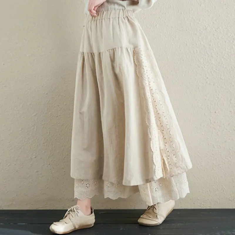 Women\'s Vintage Embroidery Lace Cotton Linen Skirt Loose Skirts for Lady