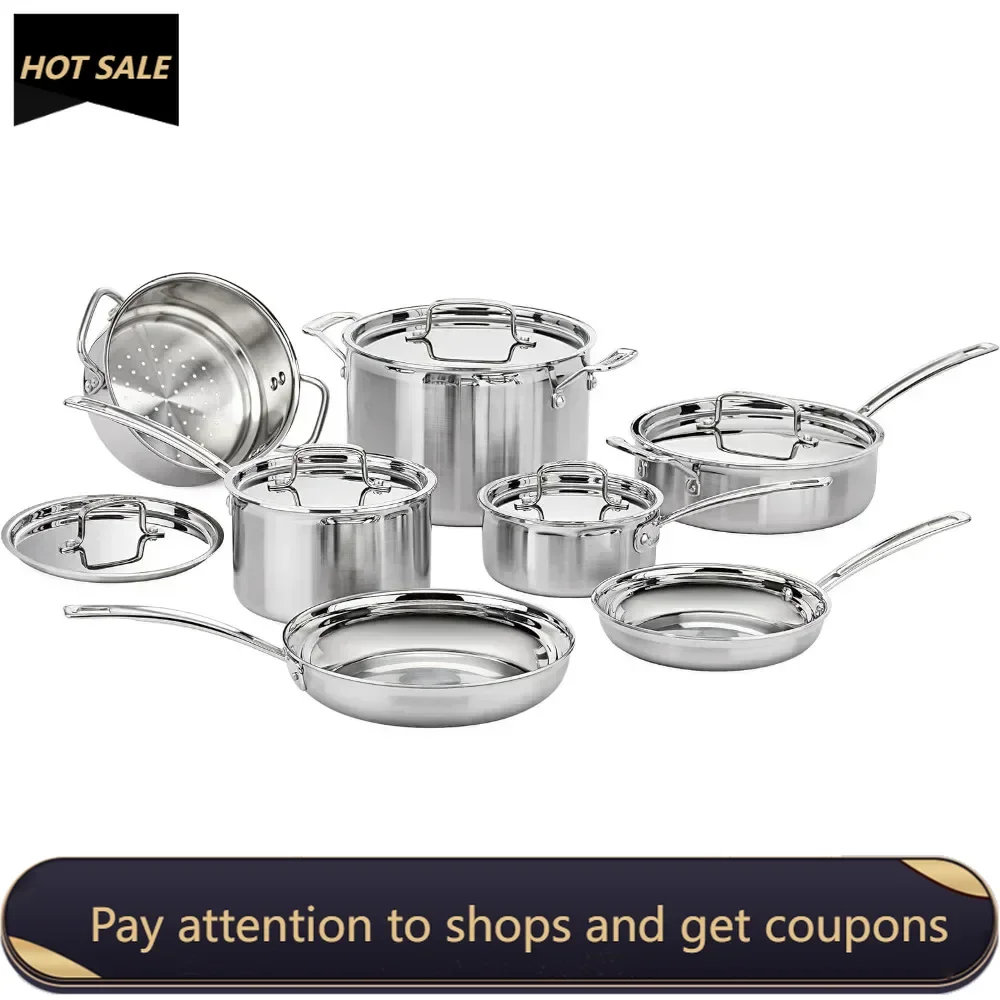 12 Piece Cookware Set,Three Layers,Polished Cooking Surface That Will Not Change Color and React with Food, Silver, Cookware Set